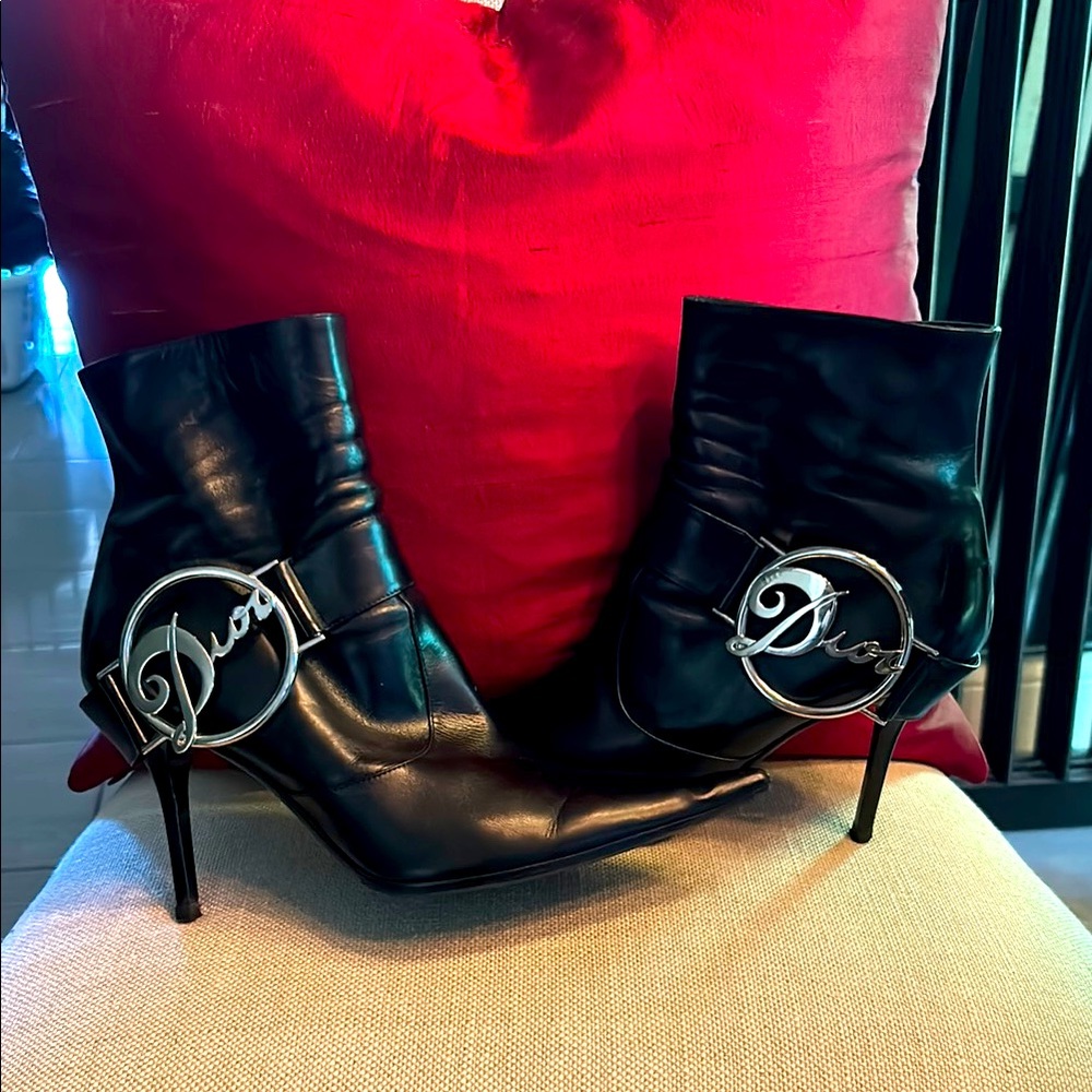 Dior Black Leather Boots with Stiletto Heel,  Silver Logo, and zipper.